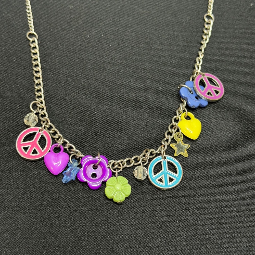 Charm Necklace Women OS Silver Multi Peace Sign Heart Flower Y2K Style